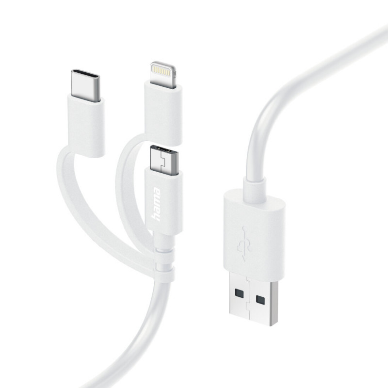 HAMA 00201535 3-in-1 USB-A to USB-C/Micro-USB/Lightning Charging Cable, 1m, White