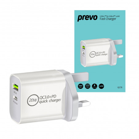 PREVO QC70 20W USB-C & USB-A Fast Charger