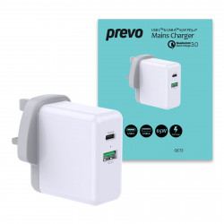 PREVO QC72 65W USB-C & USB-A Fast Charger with Quick Charge 3.0 & 1.5m USB-C Cable