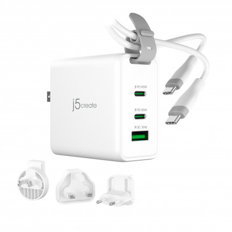 J5CREATE JUP3565CV-N 65W GAN USB-C 3-Port Travel Charger
